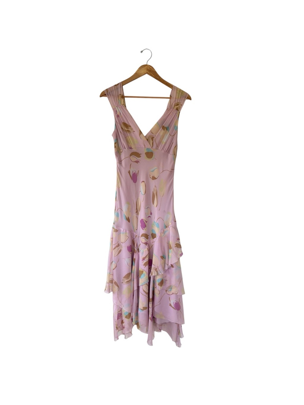 Vintage Max & Cleo  Pink Floral V-Neck Tiered Midi Dress